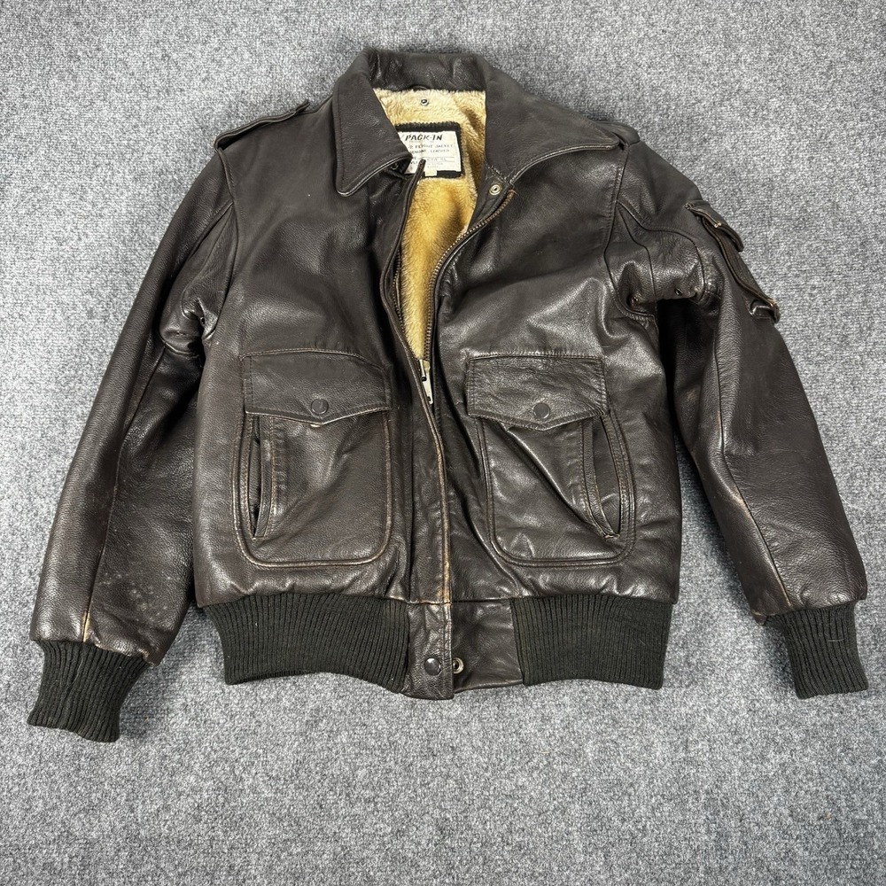 Vintage Pack-In Products A-2 Flight Jacket Leather Bomber Fur Lined 674 SL 80s